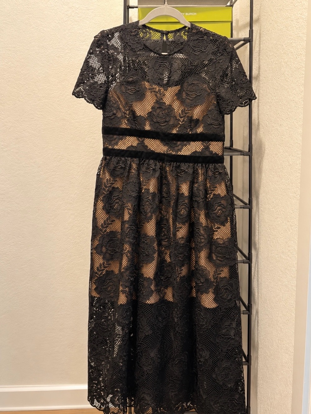 Self-Portrait Black Lace Velvet Bow Midi Dress US 8